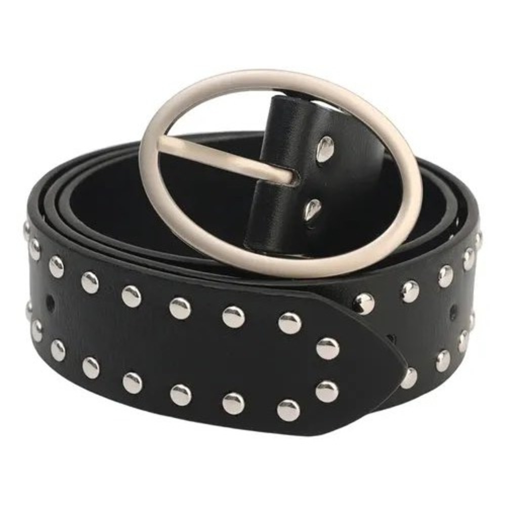 Womens Black Faux Leather Studded Belt Silver Oval Buckle Punk Rock Y2K Style